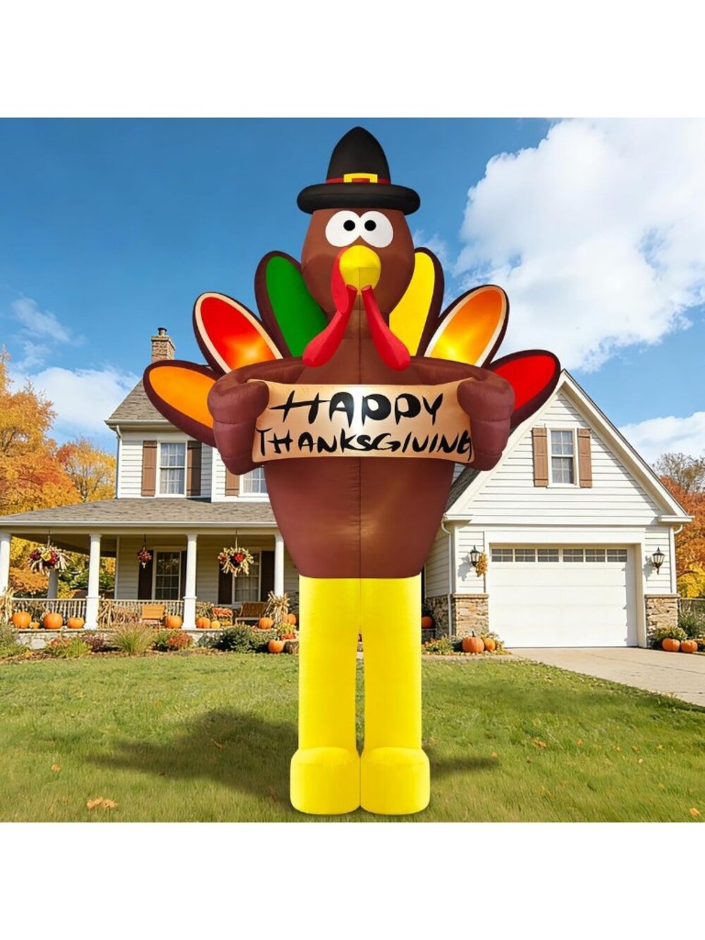 12FT Inflatable Turkey Outdoor Decoration with Pilgrim Hat for Thanksgiving